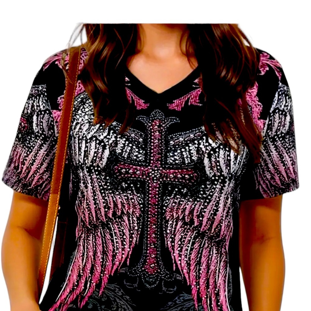 Plus Feather Print V Neck Tee